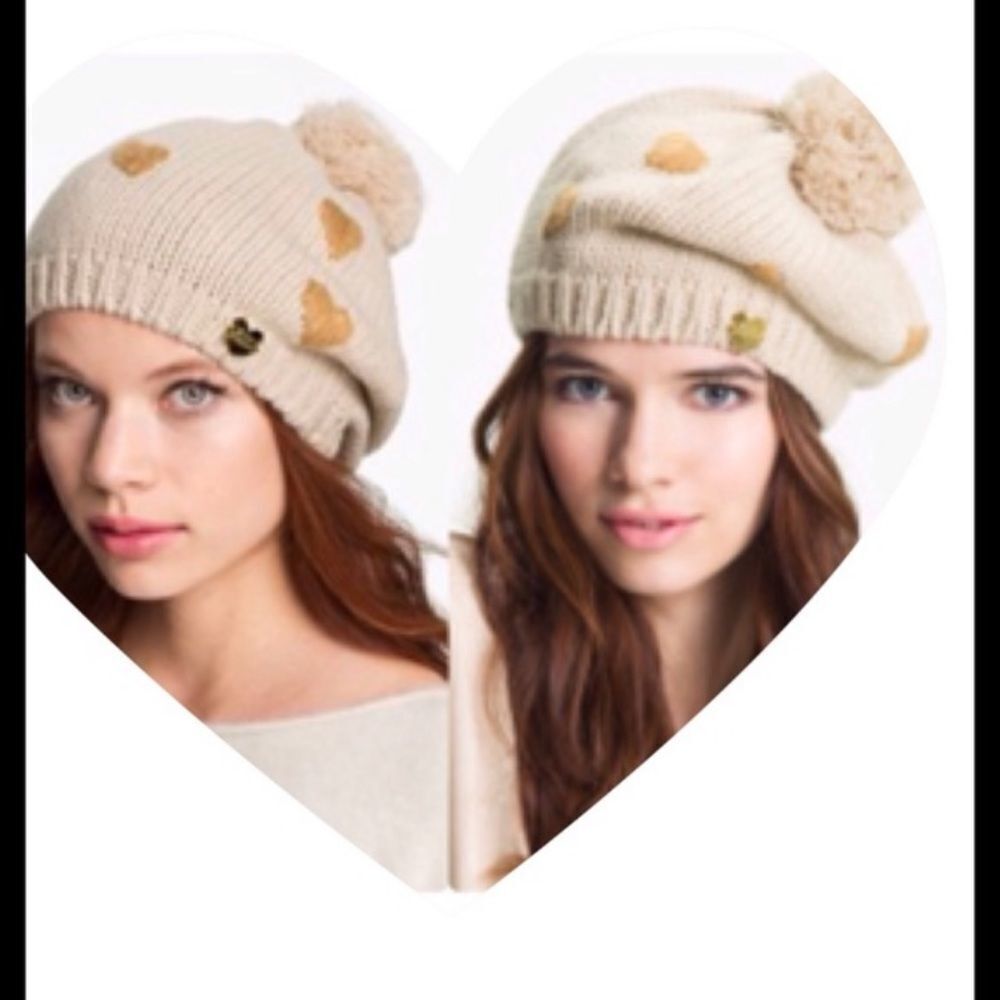 Betsy Johnson Knit Pom Pom Beanie Or Barrette Ivory with Gold Hearts